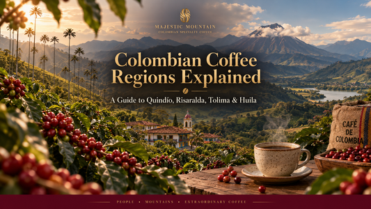 Colombian coffee regions Quindío, Risaralda, Tolima and Huila with specialty coffee farms, Andean mountains and ripe coffee cherries