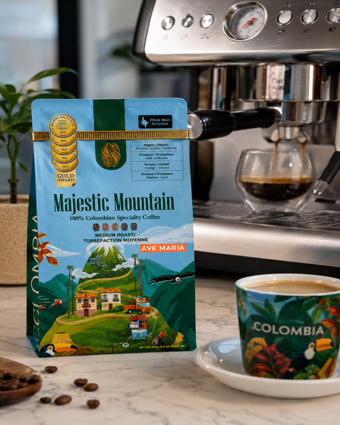 Colombian Specialty coffee Ave Maria and espresso machine 