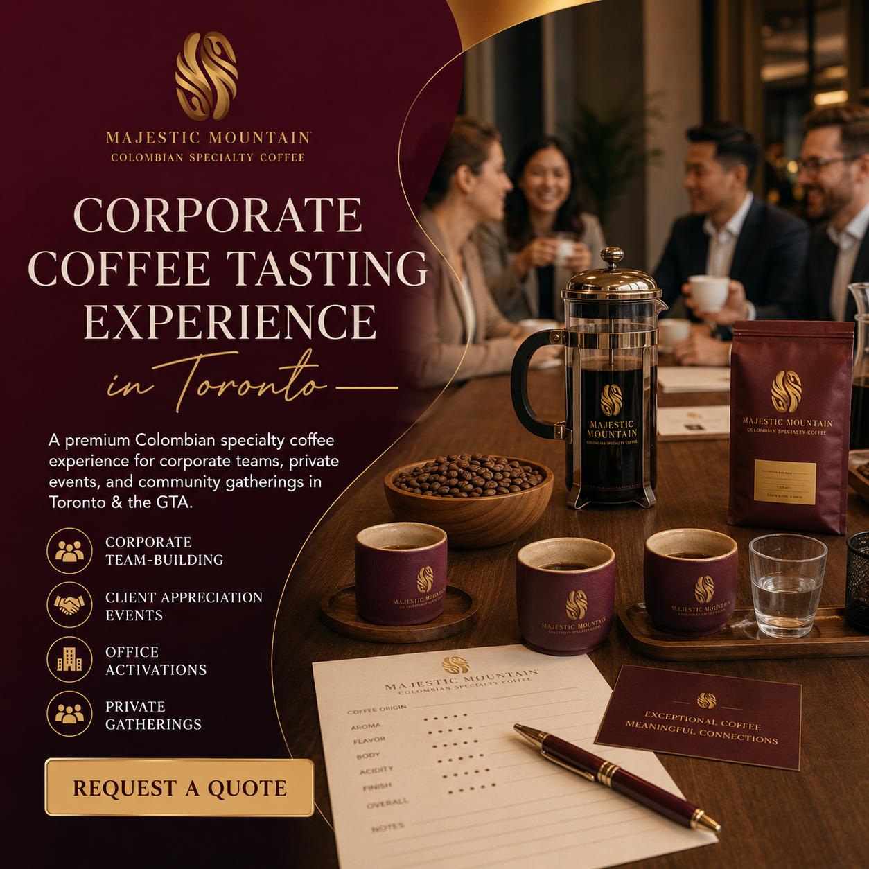 Promotional image for Majestic Mountain Colombian Specialty Coffee's corporate coffee tasting experience in Toronto.