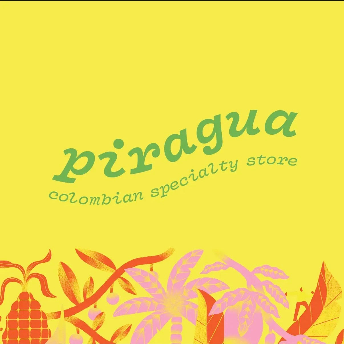 Logo of Piragua Colombian specialty store with decorative elements on a yellow background