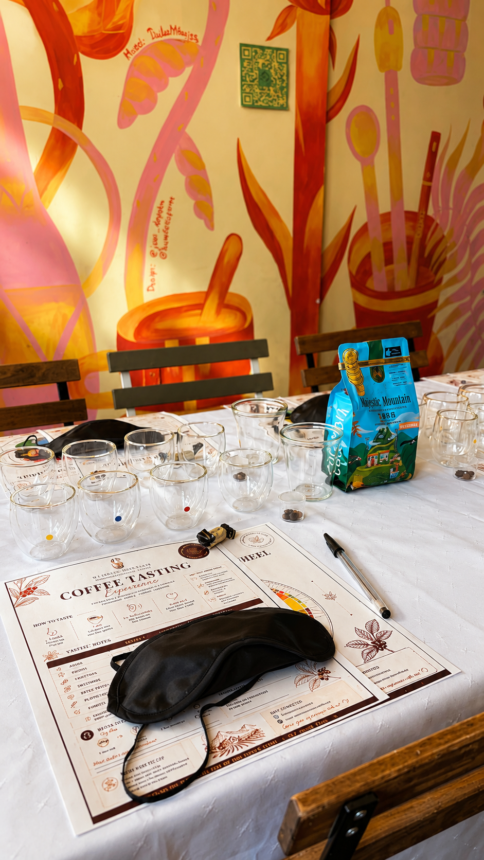 Coffee tasting setup with cups, a menu, and a bag of coffee beans on a table with a colorful wall in the background.