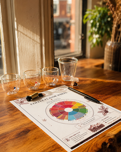 Coffee flavor wheel with cups on a wooden table near a window