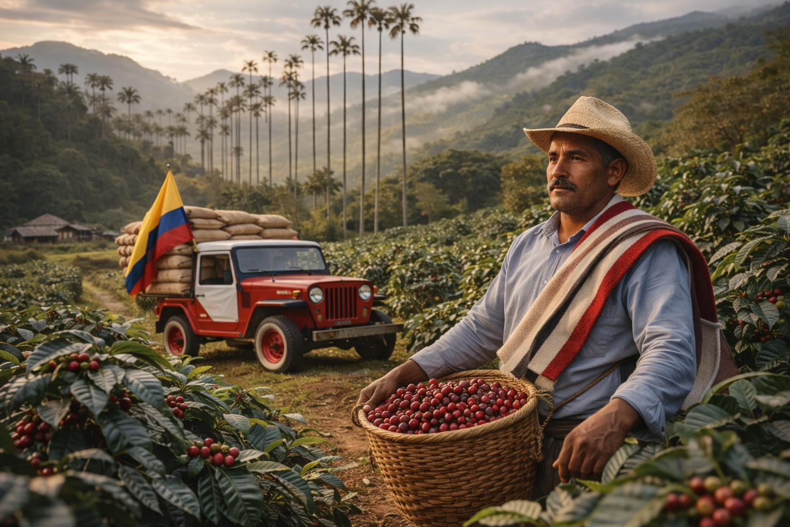 Man in a coffee plantation holding a basket of coffee beans with a vintage truck in the background.