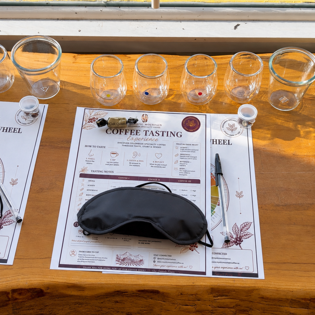 Coffee tasting setup with cups, a menu, and a sleep mask on a wooden surface.